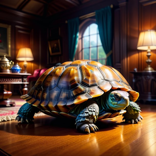 Image of a tortoise in a gloves in the house