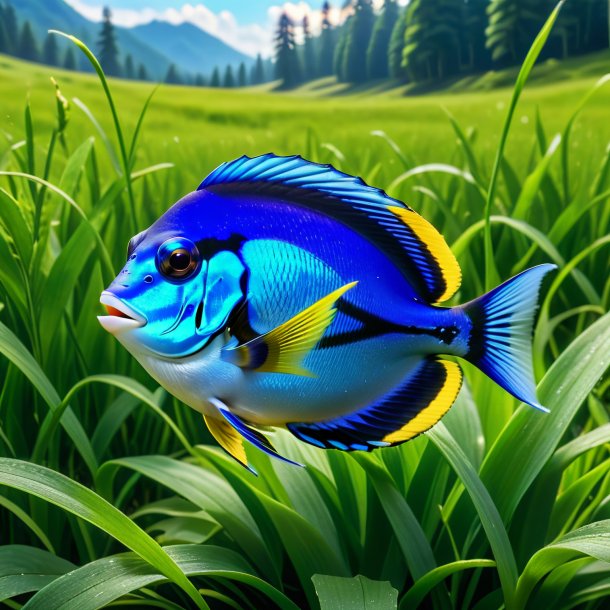 Photo of a blue tang in a cap in the meadow