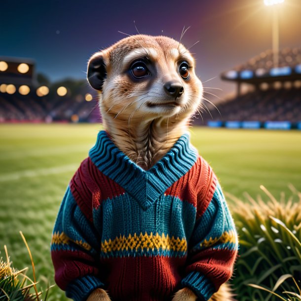 Image of a meerkat in a sweater on the field