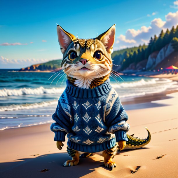 Photo of a pike in a sweater on the beach