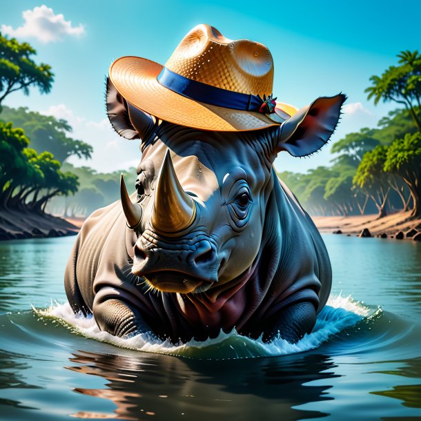 Image of a rhinoceros in a hat in the water