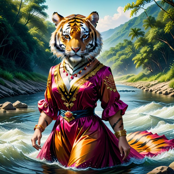 Ilustración de un tigre en un vestido en el río