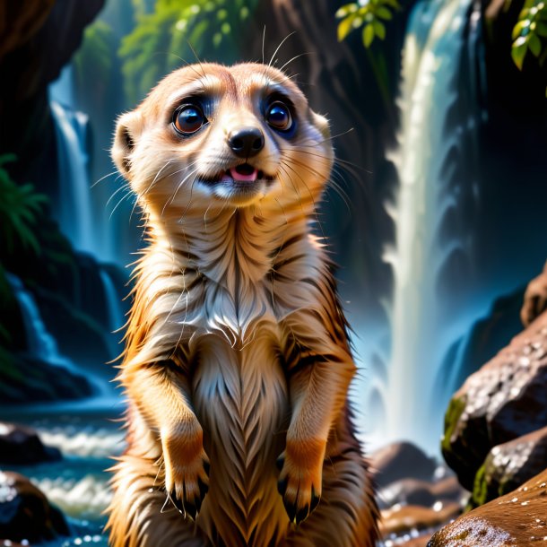 Photo of a crying of a meerkat in the waterfall