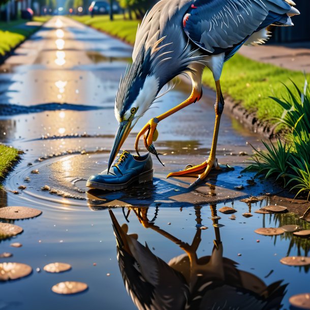 Image of a heron in a shoes in the puddle