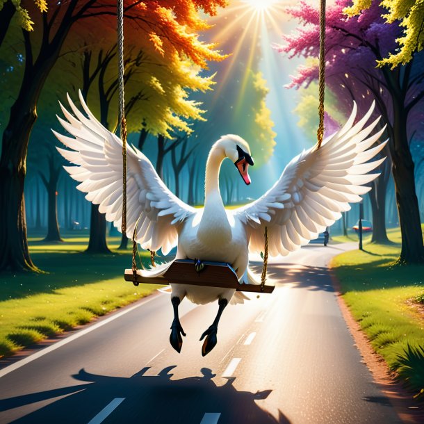 Image of a swinging on a swing of a swan on the road