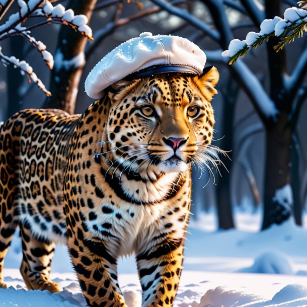 Image of a leopard in a cap in the snow