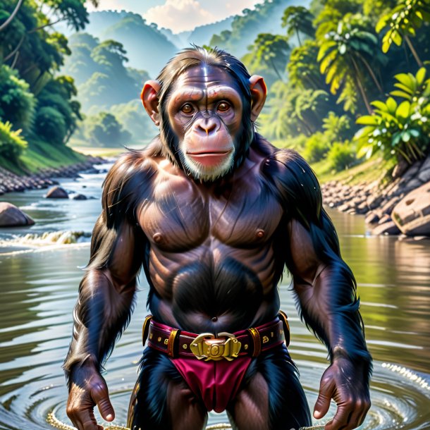 Image of a chimpanzee in a belt in the river