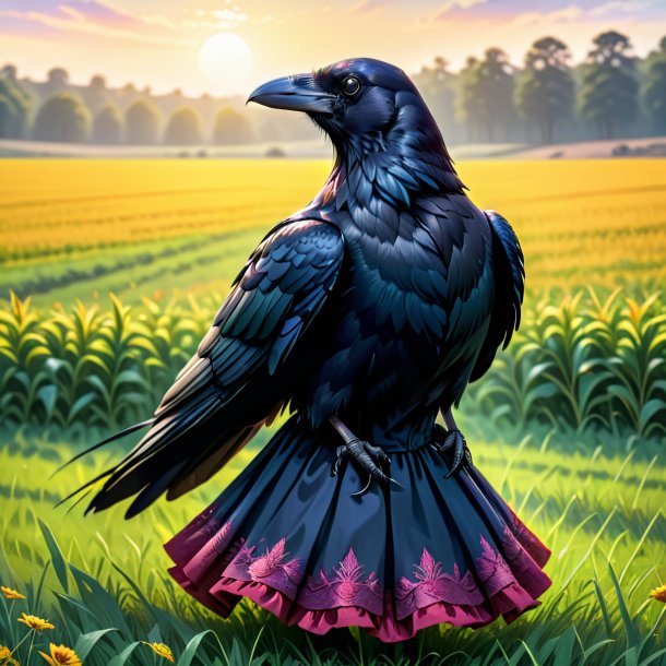 Illustration of a crow in a dress on the field