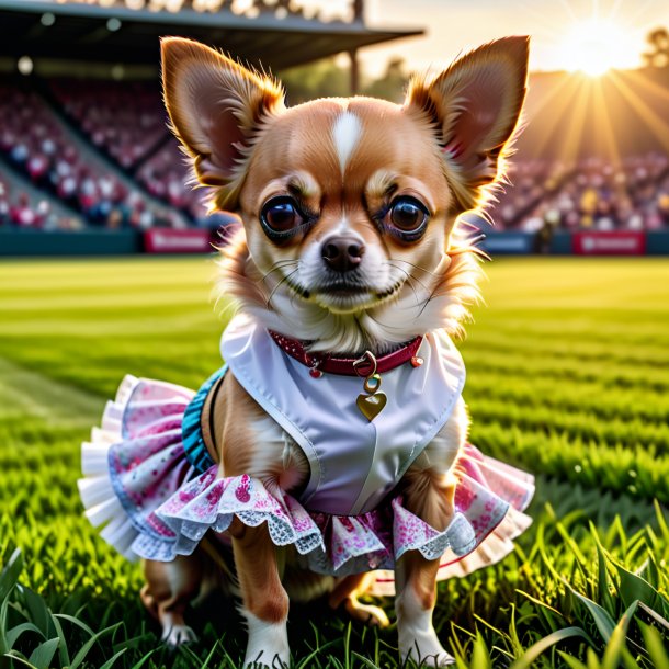 Foto de um chihuahua em uma saia no campo