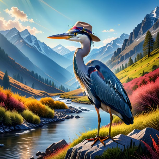 Picture of a heron in a hat in the mountains