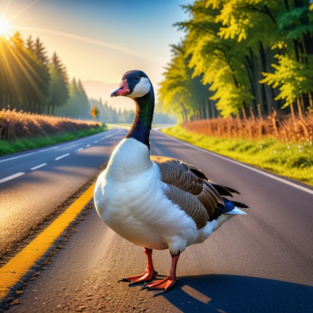 Image of a goose in a belt on the road