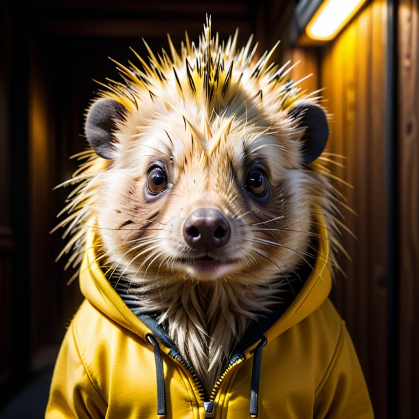 Image of a porcupine in a yellow hoodie