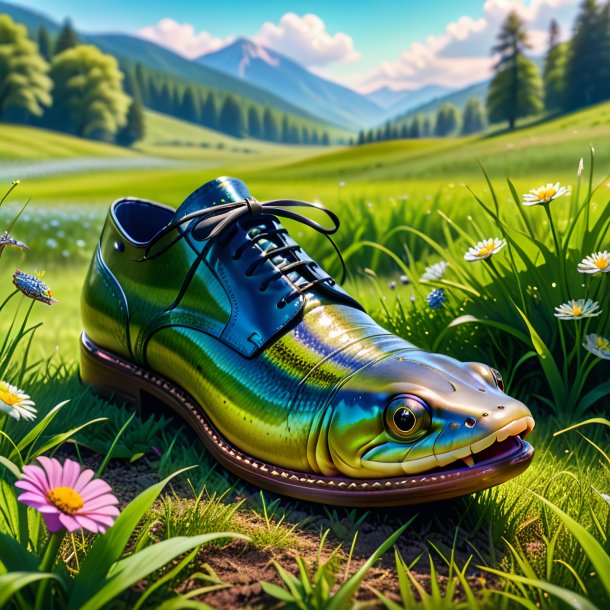 Image of a eel in a shoes in the meadow