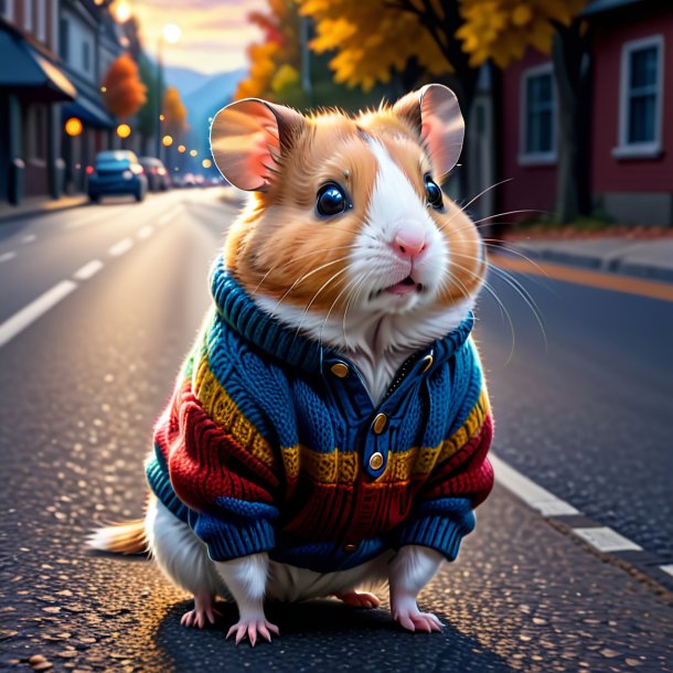 Desenho de um hamster em um suéter na estrada