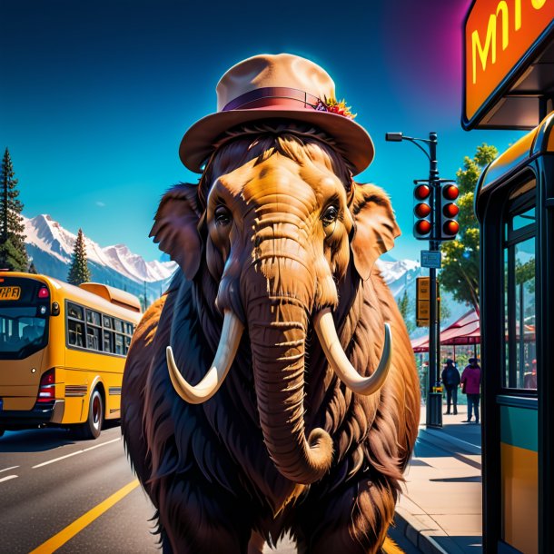 Foto de un mamut en un sombrero en la parada de autobús