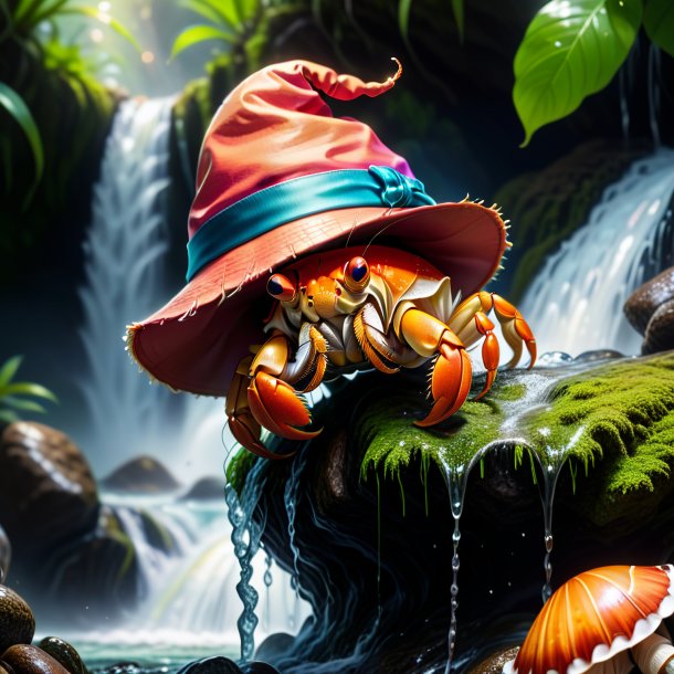 Drawing of a hermit crab in a hat in the waterfall