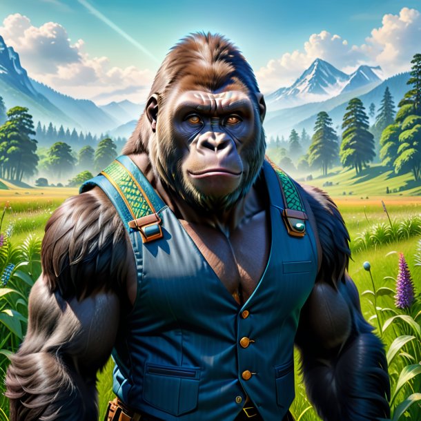 Pic of a gorilla in a vest in the meadow