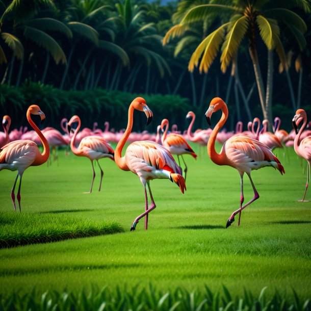 Image of a swimming of a flamingo on the field