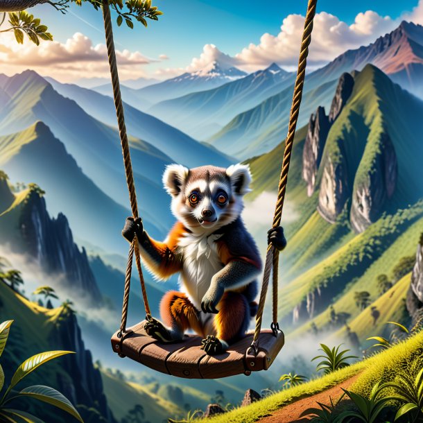 Picture of a swinging on a swing of a lemur in the mountains