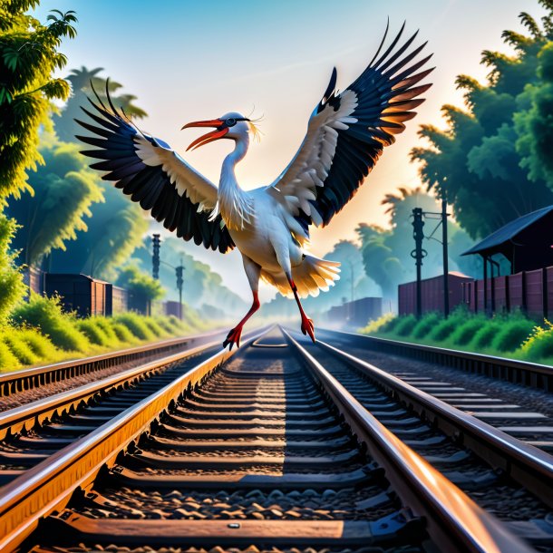 Picture of a jumping of a stork on the railway tracks