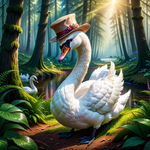 Picture of a swan in a hat in the forest