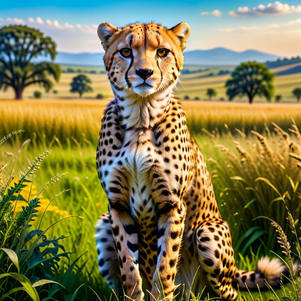 Photo of a cheetah in a dress in the meadow