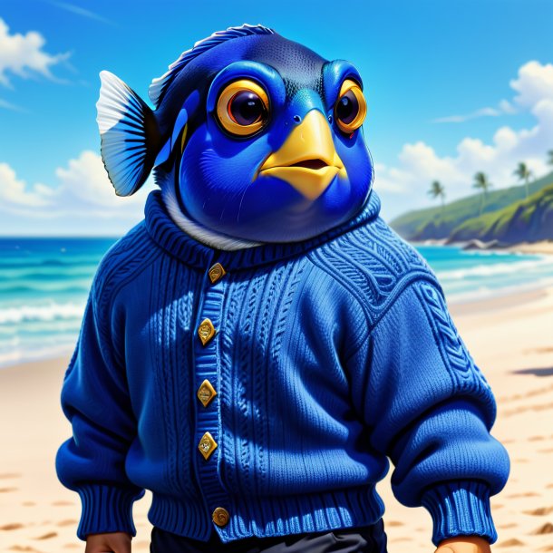 Drawing of a blue tang in a sweater on the beach