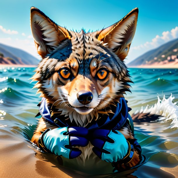 Photo of a jackal in a gloves in the sea