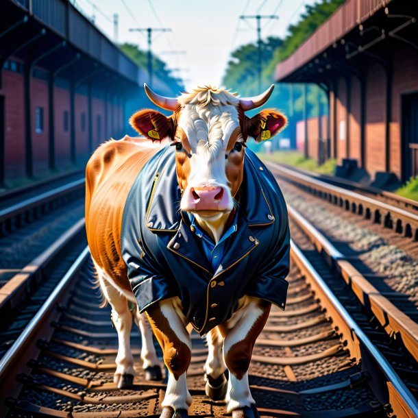 Image of a cow in a jacket on the railway tracks