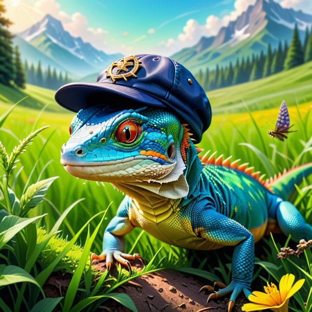 Illustration of a lizard in a cap in the meadow