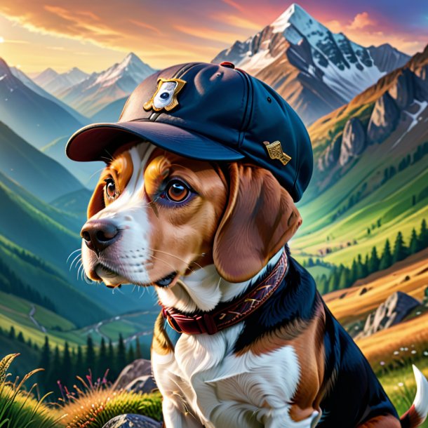 Illustration of a beagle in a cap in the mountains