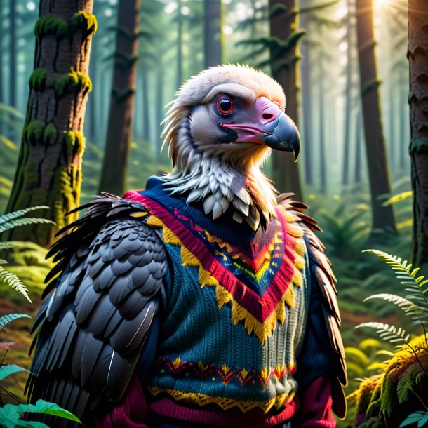 Picture of a vulture in a sweater in the forest