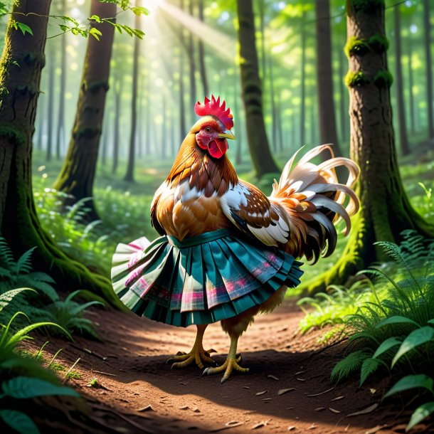 Imagen de una gallina en una falda en el bosque