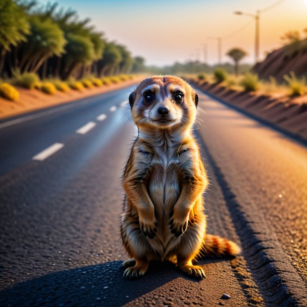 Foto de uma natação de um meerkat na estrada