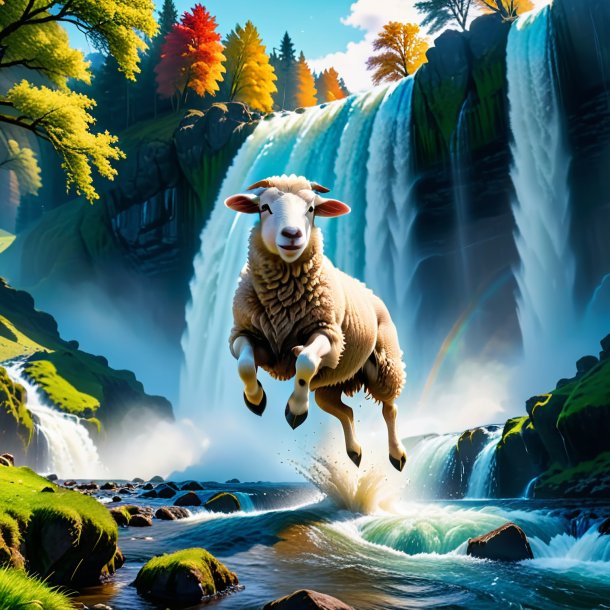 Pic of a jumping of a sheep in the waterfall