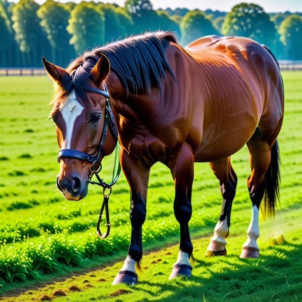 Picture of a eating of a horse on the field