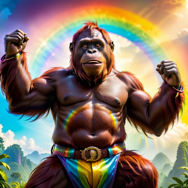 Foto de un orangután en un cinturón en el arco iris