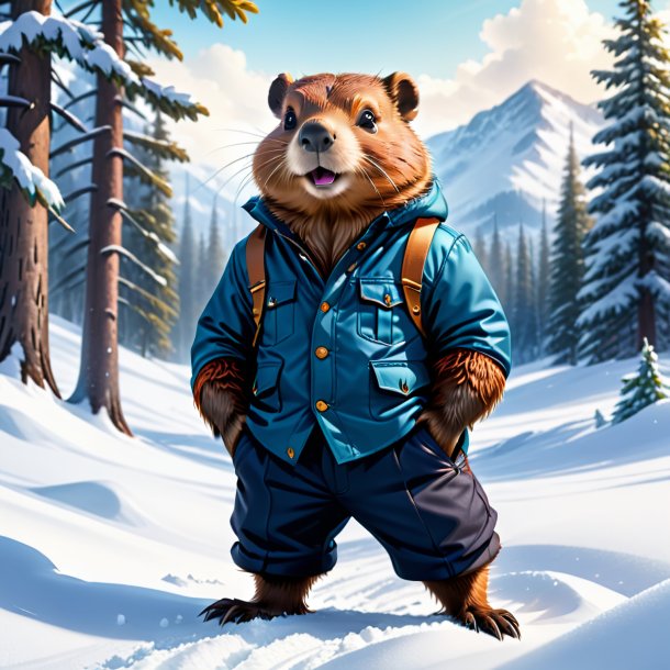 Illustration of a beaver in a trousers in the snow