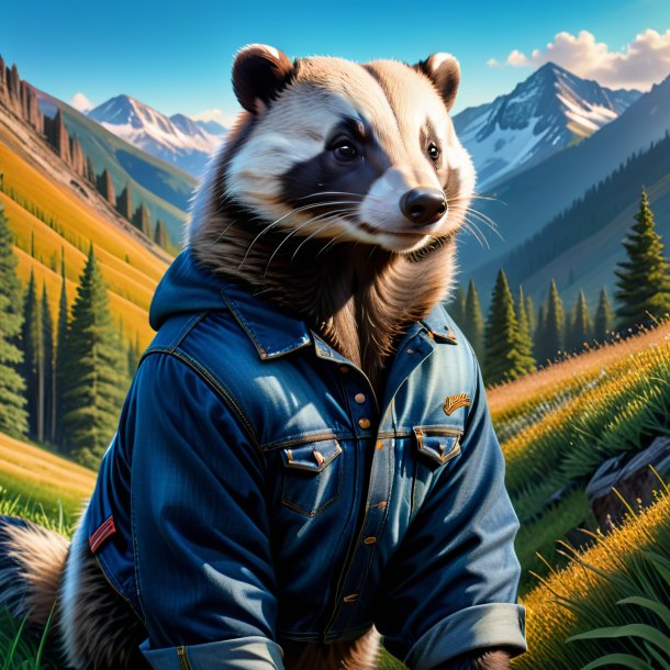 Image of a badger in a jeans in the mountains