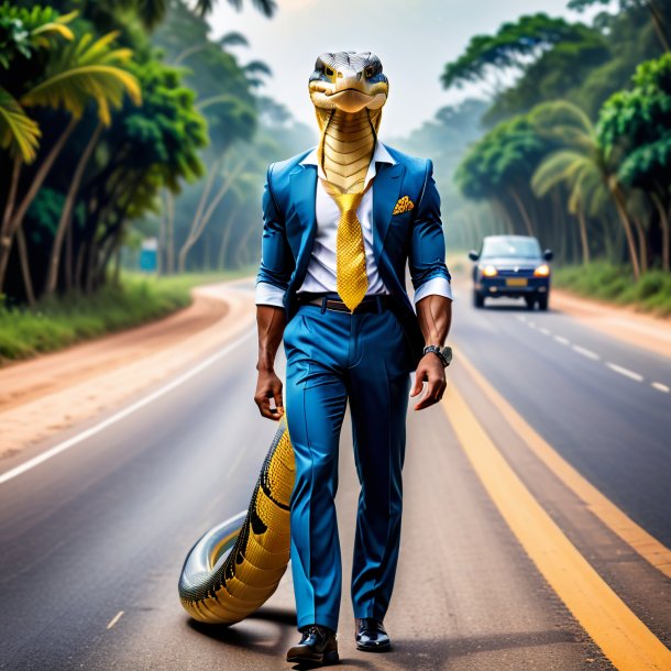 Image of a king cobra in a trousers on the road