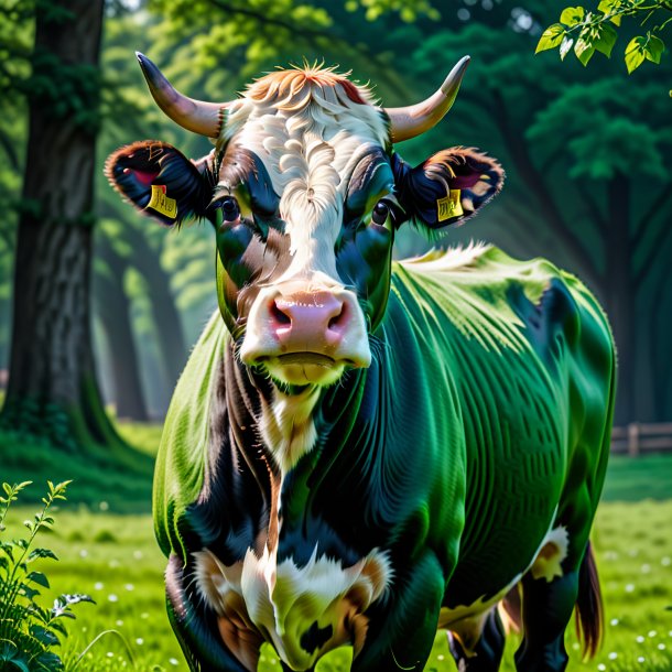 Foto de una vaca en un abrigo verde