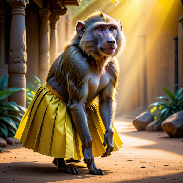 Photo of a baboon in a yellow skirt