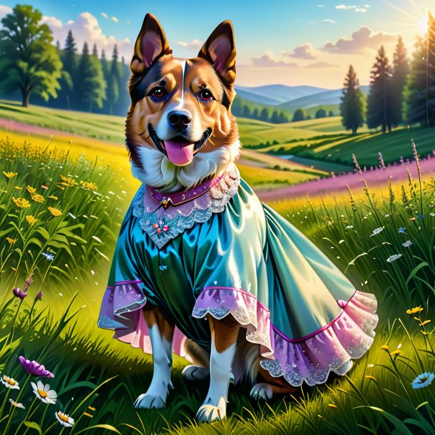 Illustration of a dog in a dress in the meadow