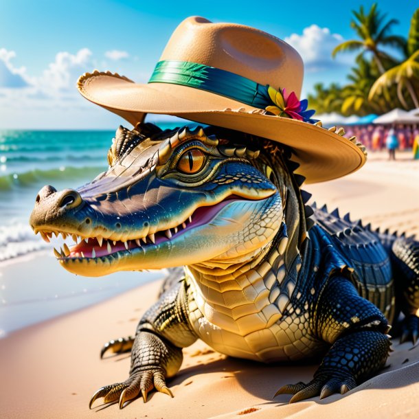 Foto de un caimán en un sombrero en la playa