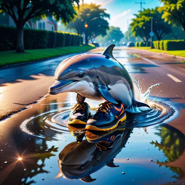 Photo of a dolphin in a shoes in the puddle