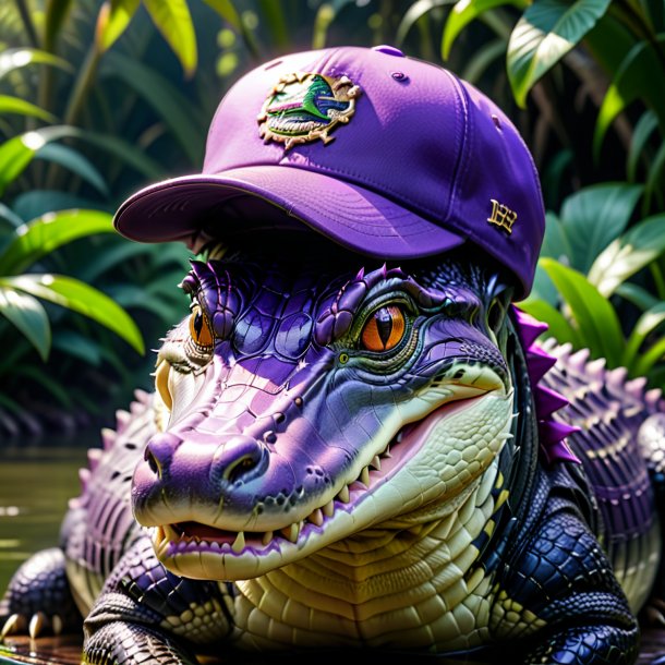 Pic of a alligator in a purple cap