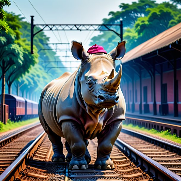 Picture of a rhinoceros in a cap on the railway tracks