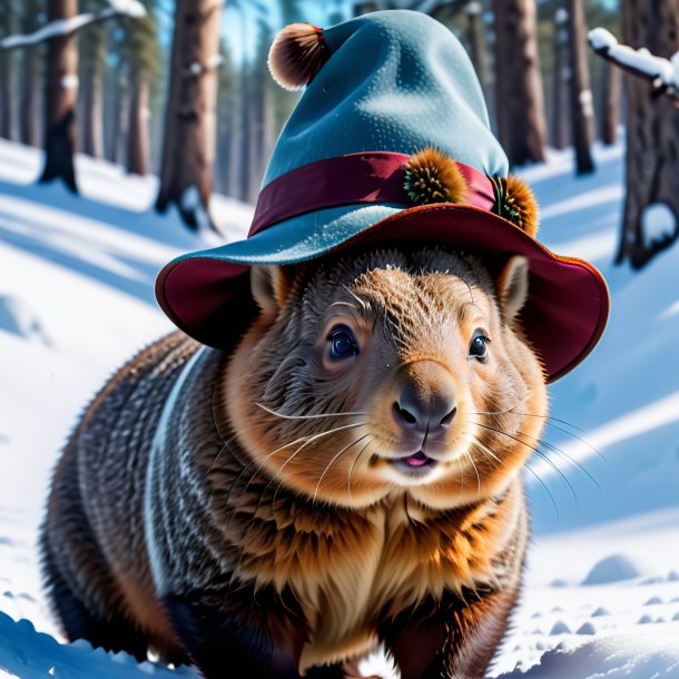 Foto de un wombat en un sombrero en la nieve