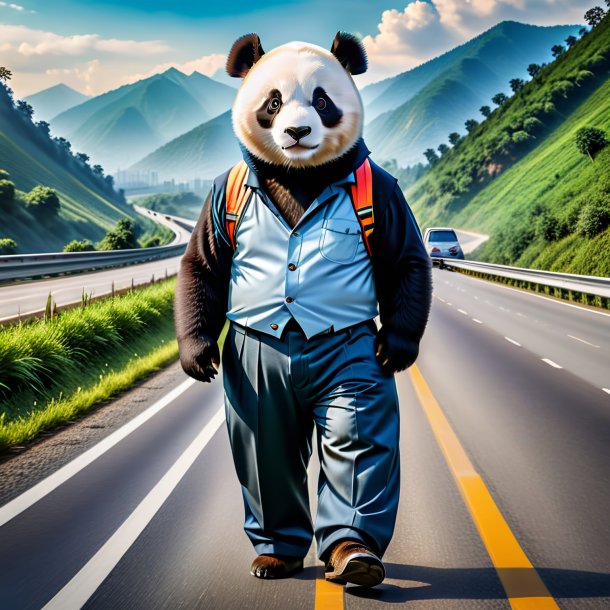 Photo of a giant panda in a trousers on the highway