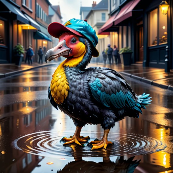 Drawing of a dodo in a cap in the puddle